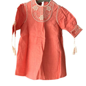 Arroz Con Leche Baby Girl Embroidered Tunic Linen Dress Coral/White Size 6M